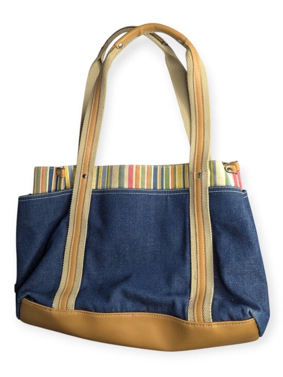 Unknown Handbags - Denim & Tan Cotton Canvas Tote Multi-Stripe Trim Double Hand1es 3" x 9" x 5.5"
